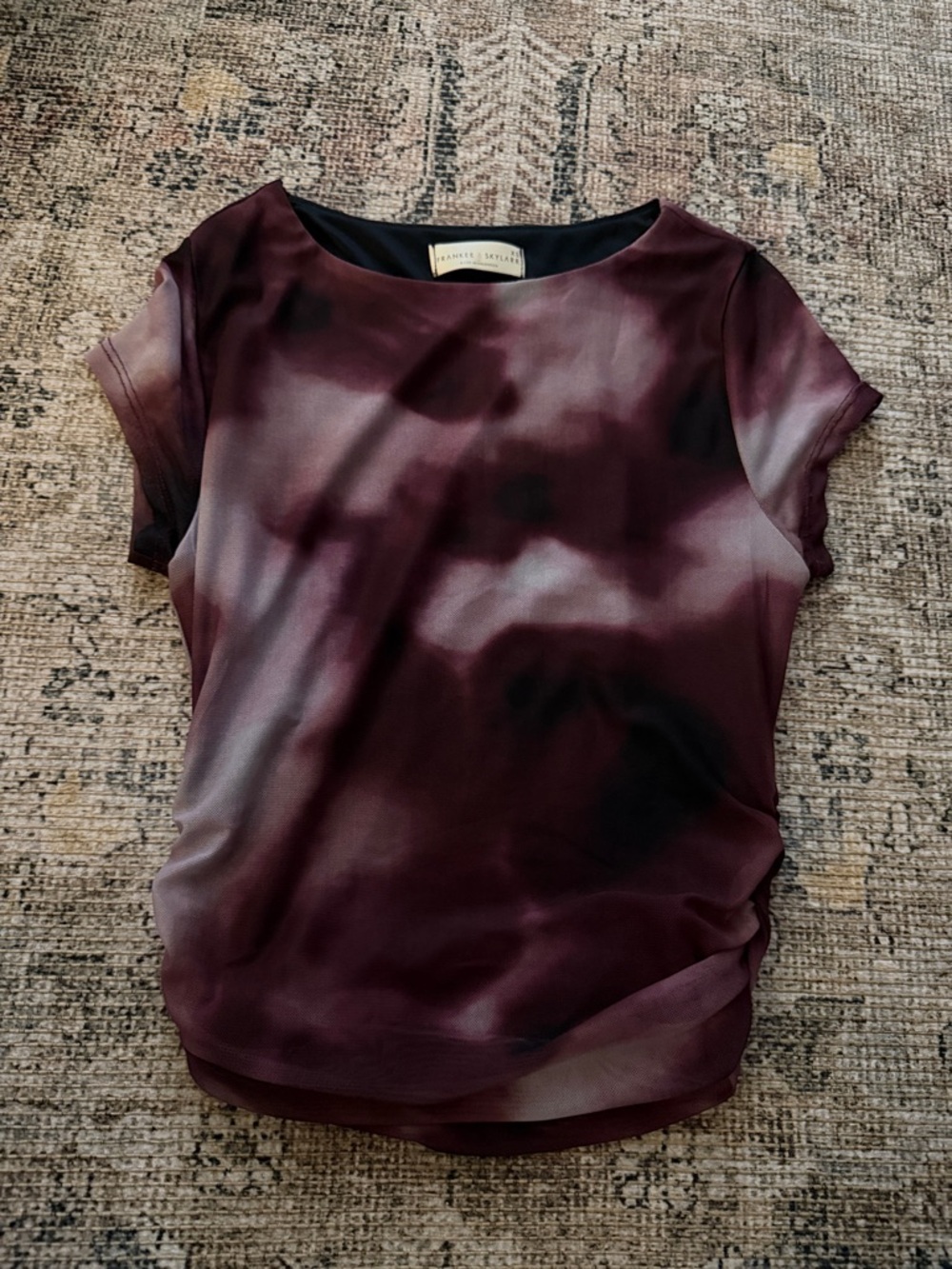 Burgundy and Black Short Sleeve Tie-Dye Blouse